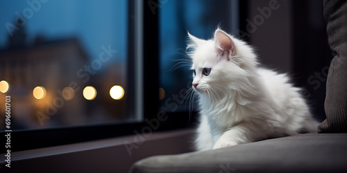 Gato branco dentro de casa deitado no sofá ao entardecer com uma janela desfocada ao fundo - Papel de parede  photo