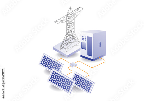 Eco green infographic illustration concept of electricity flow from solar panel energy