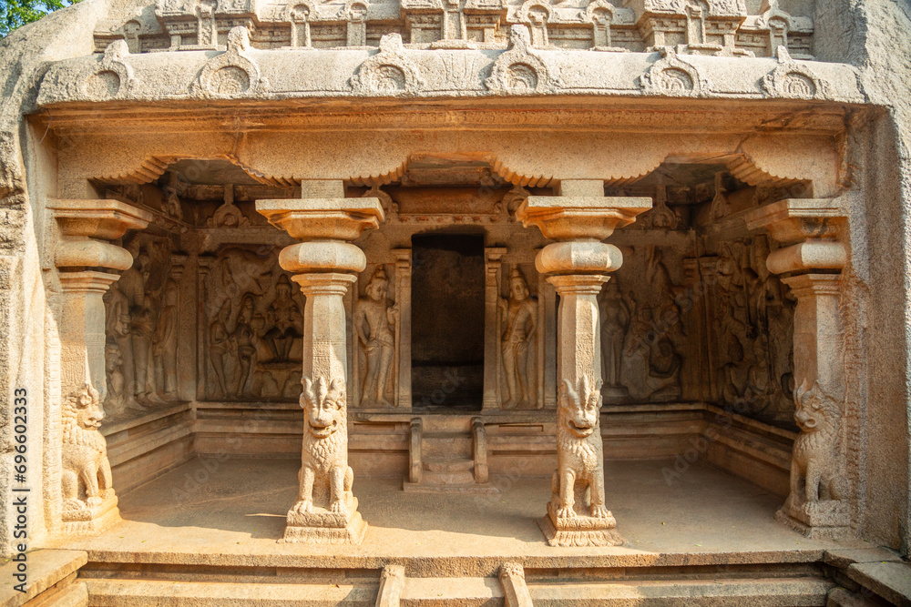 Varaha stone carved cave temple with ancient statues decoration, Mahabalipuram, Tondaimandalam region, Tamil Nadu, South India