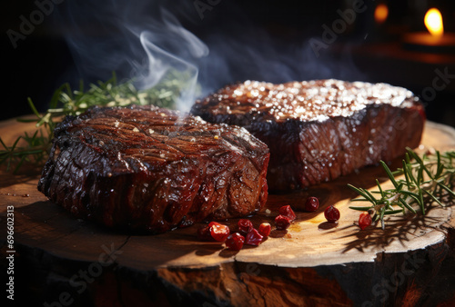 Ribeye steak on a plate with rosemary, pepper and salt on the dark background. The meat from which the steam comes lies on a wooden tray