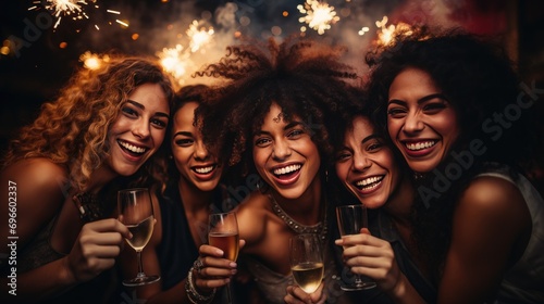 group of diverse friends young men and woman happy on new year's eve party with champagne and fireworks