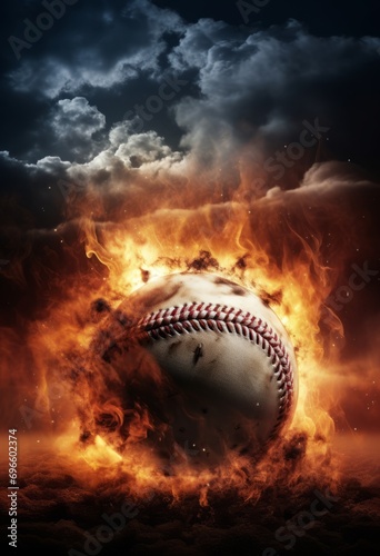 Generative AI image of a baseball with a fire in the background