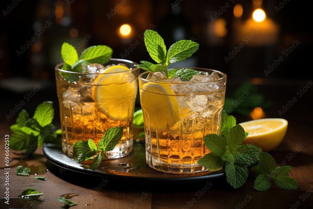 Cocktails with mint and lemon into a glass, close-up, dark background with copy space Cocktails with mint and lemon into a glass, close-up, dark background with copy space