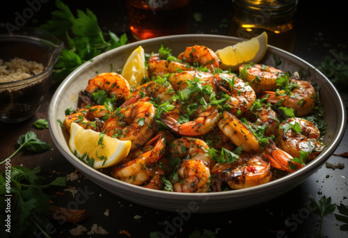 Shrimp in sauce in a bowl stand on black kitchen table on dark background with copy space. The bowl with roasted shrimps served with fresh yellow lemons and greenery
