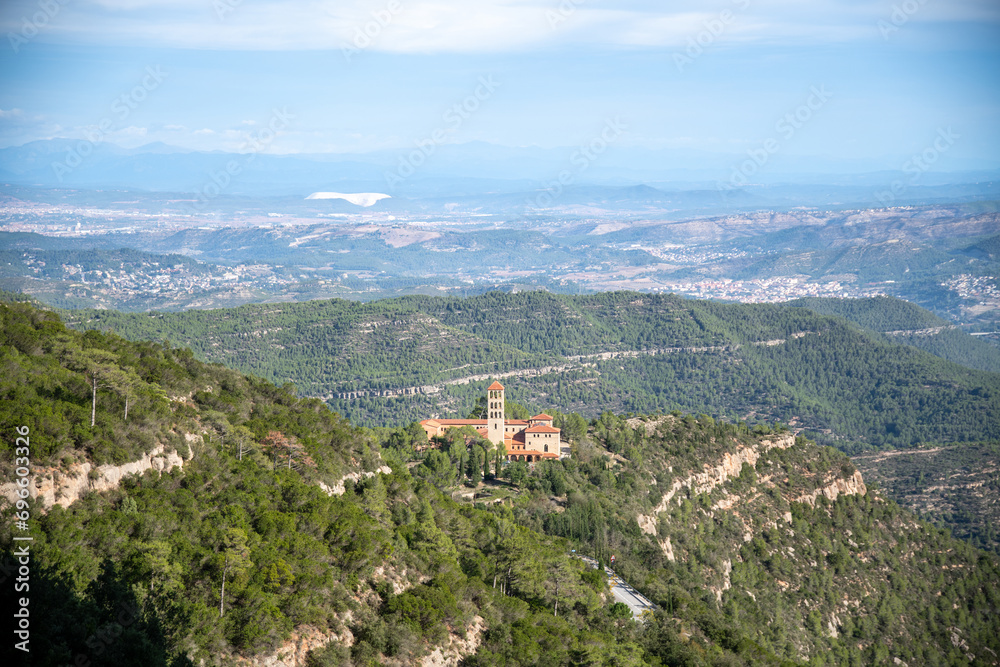 Panoramic View of Sant Benet de Montserrat Monastery in Natural Surroundings