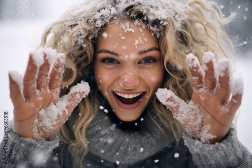Generative AI image of a girl is playing in the snow with her hands out