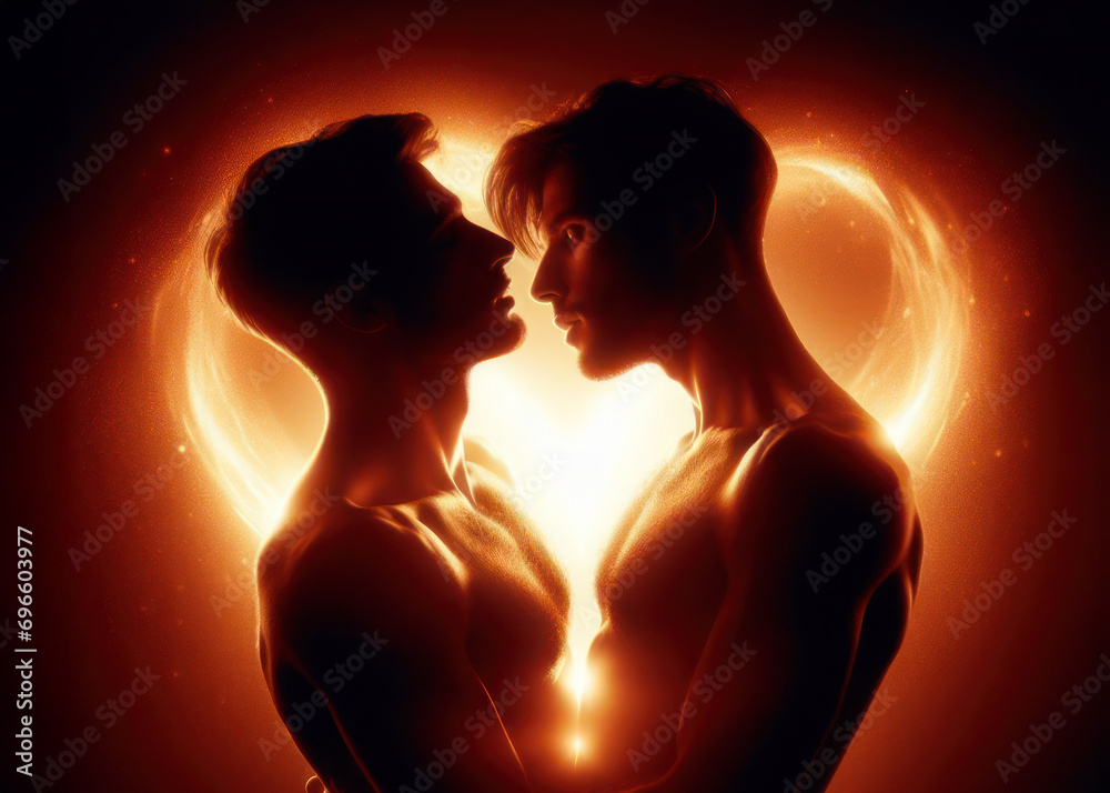 romantic silhouette of a intimate male couple together in love with orange heart background