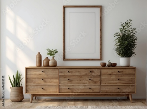 Wooden dresser and empty poster on white wall. Boho interior design of modern living room © Dhiandra