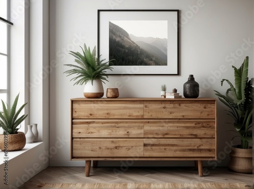 Wooden dresser and empty poster on white wall. Boho interior design of modern living room © Dhiandra