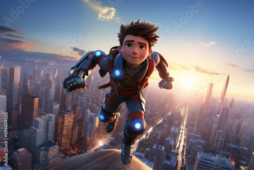 A 3D boy cartoon character flying with a jetpack over a futuristic cityscape at dusk. 8k,