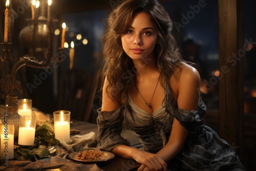 Pretty lady. In the enchanting ambiance of a tavern, a beautiful girl captivates with her charm, adding allure to the conviviality of this social gathering. © Ruslan Batiuk