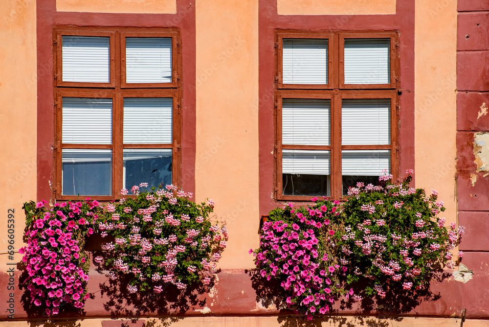 Windows decorated with flowers, Brasov, Romania