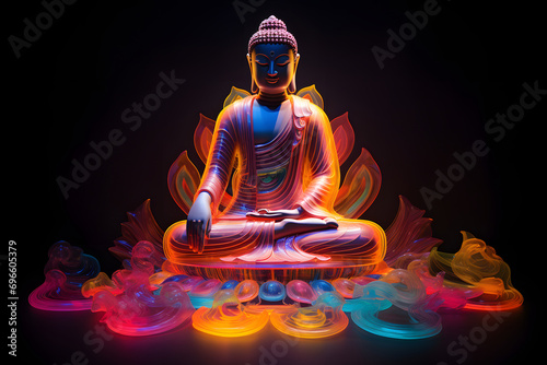 Buddha aus Licht: Mystische Statue des Buddhas in verschiedenen Farben auf schwarzem Hintergrund