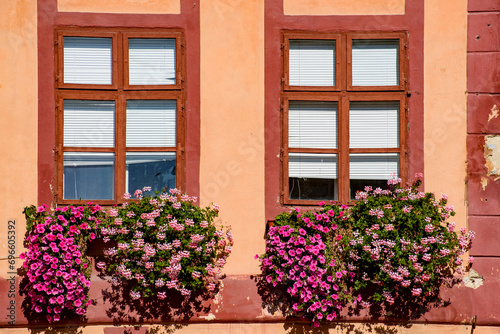 Windows decorated with flowers, Brasov, Romania