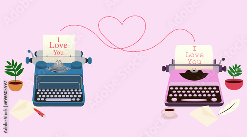 Retro typewriters with text I LOVE YOU on pink background. Valentines Day celebration