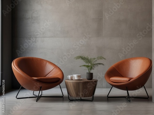 Two terra cotta leather armchairs and round wooden coffee table