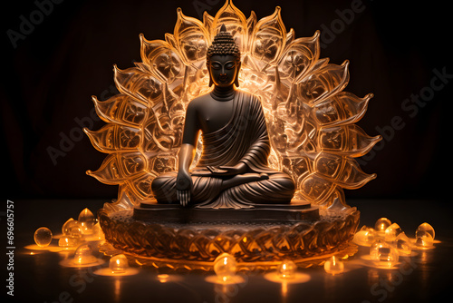 Buddha aus Licht: Mystische Statue des Buddhas in verschiedenen Farben auf schwarzem Hintergrund