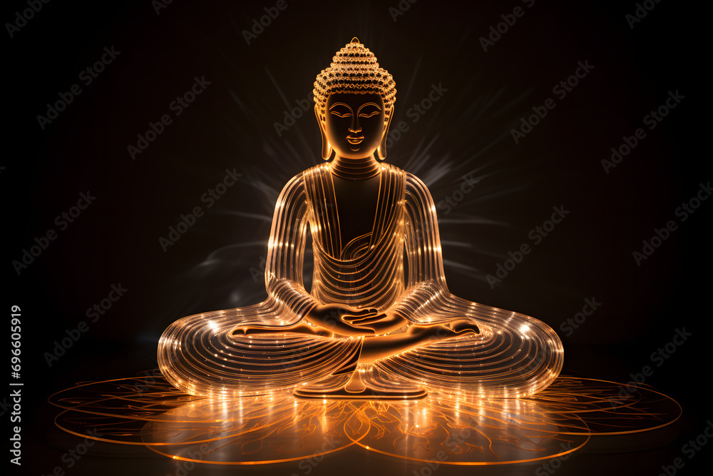 Buddha aus Licht: Mystische Statue des Buddhas in verschiedenen Farben auf schwarzem Hintergrund - obrazy, fototapety, plakaty 