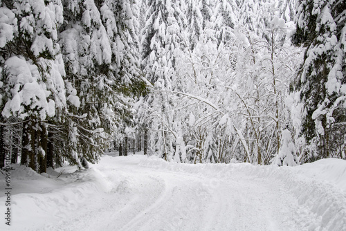Snowy landscape. Forest road in winter. Comandau, Romania