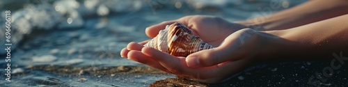 A pair of hands cradling a delicate seashell on a pristine beach, symbolizing the need to protect marine life and coastal environments. photo