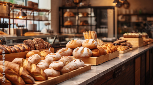 Bäckerei mit frischem Brot, Bäcker und Bäckermeister in einer Bäckerei und Konditorei