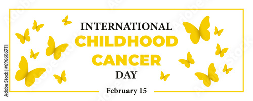 Awareness banner for International Childhood Cancer Day with yellow butterflies photo
