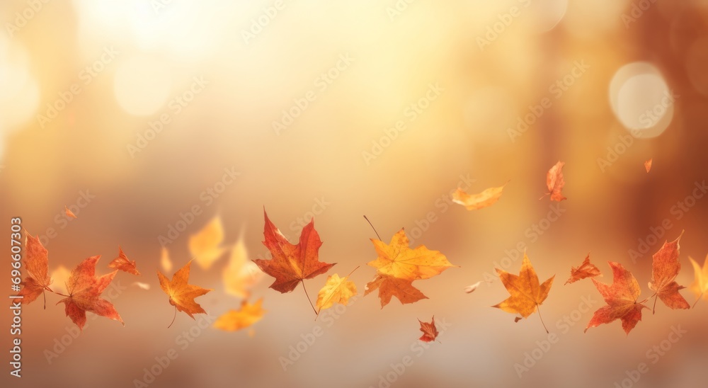 Generative AI image of autumn leaves falling in the distance with blurred 