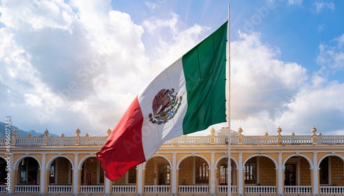 Plano general de bandera de México ondeando en lo alto con un cielo nublado y destello de luz detrás photo