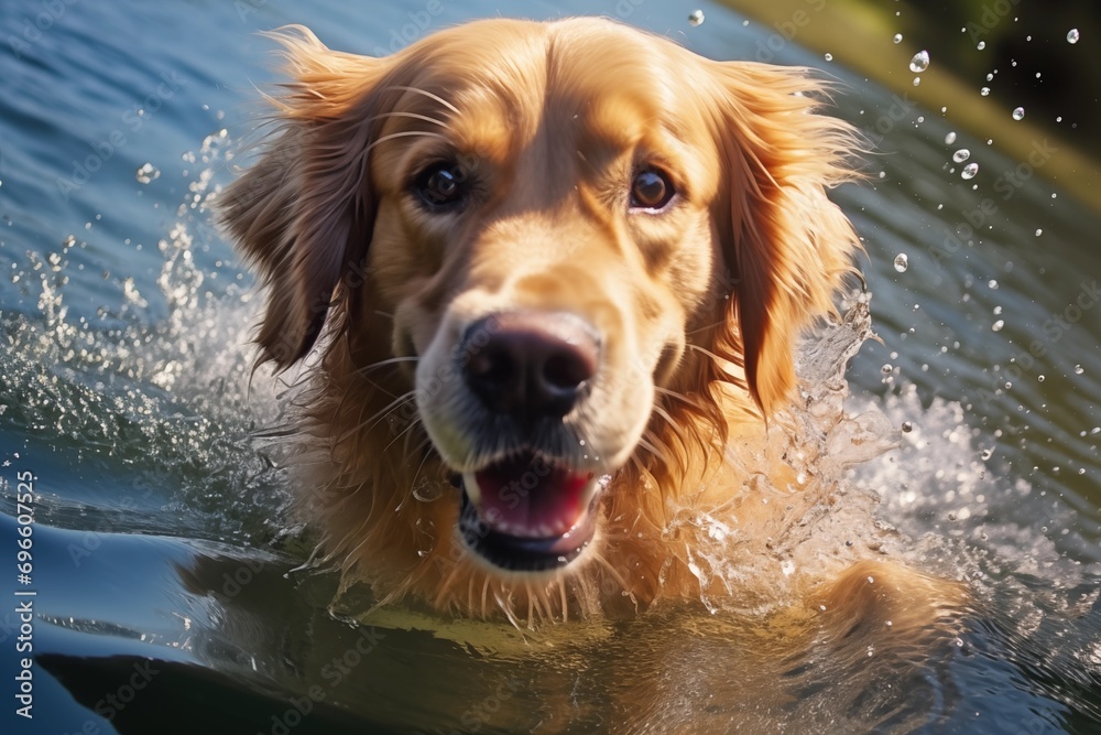 Hund, Golden Retriever spingt ins Wasser, schwimmt im Wasser und taucht im Wasser