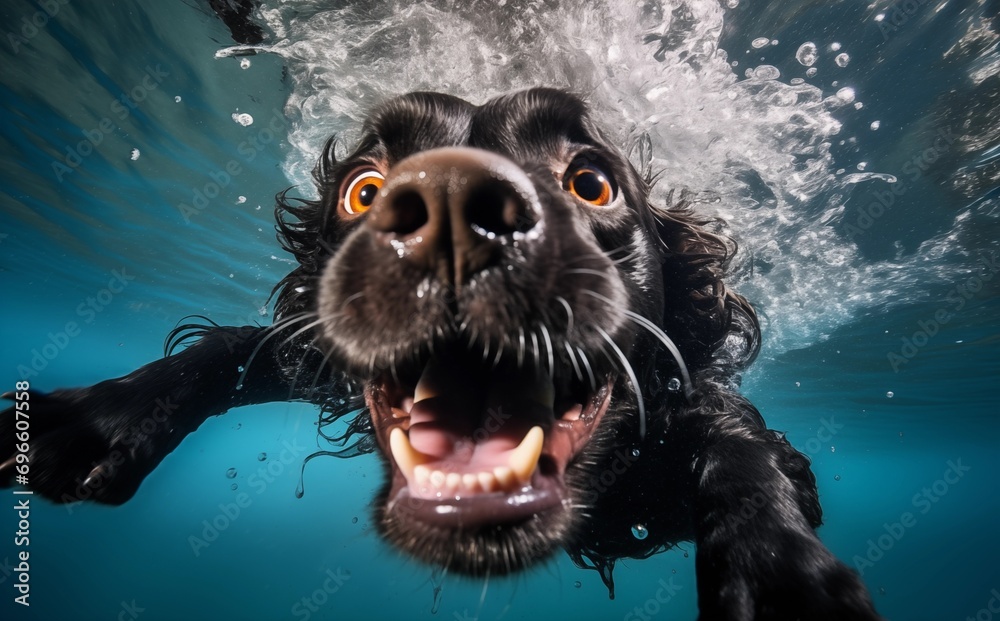 Hund, brauner Labrador, schoko Labrador spingt ins Wasser, schwimmt im Wasser und taucht im