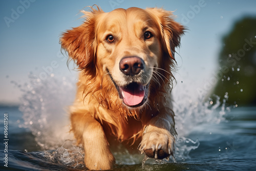 Hund, Golden Retriever spingt ins Wasser, schwimmt im Wasser und taucht im Wasser