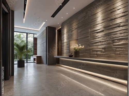 Stone cladding wall in spacious hallway with staircase. Luxury minimalist home interior