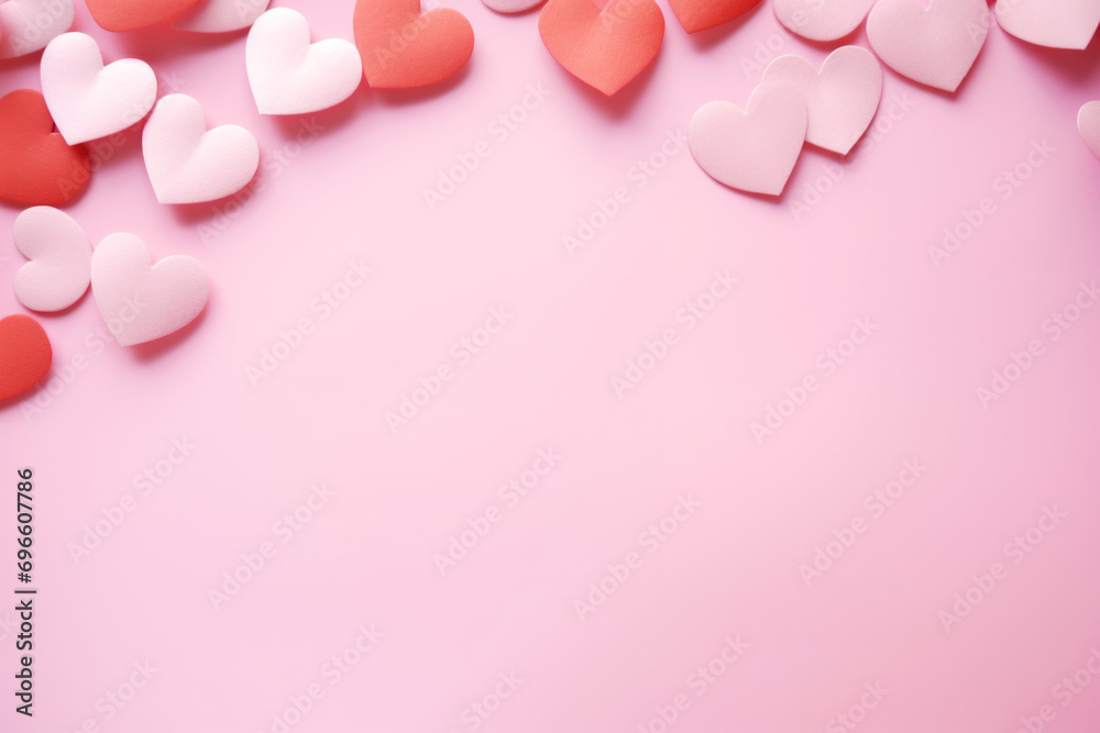 Red and Pink Paper Hearts on Pink Background with Copy Space