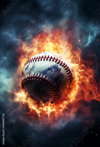 Generative AI image of baseball on fire in a blue background