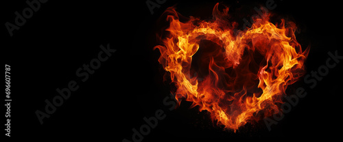 Burning Heart on Black Background with Copy Space