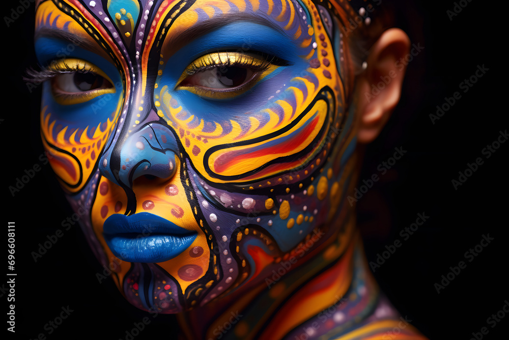 Fantasievolles Portrait: Schöne Frau mit kreativem Bodypainting