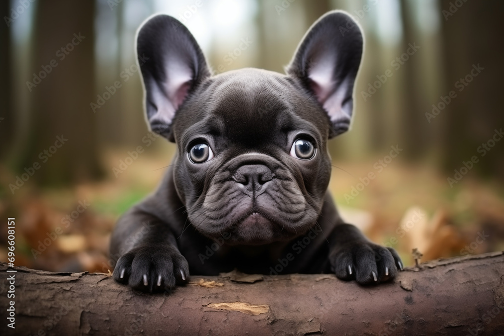 Französische Bulldogge, Frenchie, Portrait Hundewelpe. Flauschiger glücklicher Welpe, Hundeglück