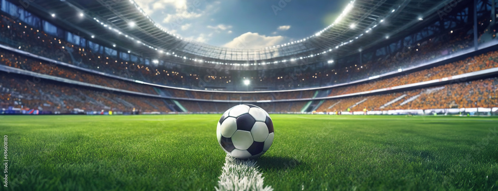 Soccer Ball in a Stadium with Lights. A classic black and white soccer ball on green grass in the center of a stadium, illuminated by spotlights - obrazy, fototapety, plakaty 