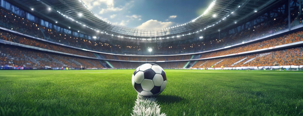 Soccer Ball in a Stadium with Lights. A classic black and white soccer ball on green grass in the center of a stadium, illuminated by spotlights