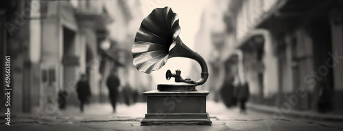Street Level Gramophone. A solitary gramophone on a busy street corner brings a touch of history to the modern urban hustle photo