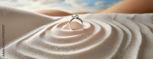 Elegant Engagement Ring on Silky Fabric. A sparkling engagement ring sits atop a creamy swirl of silk fabric, highlighting its elegance photo