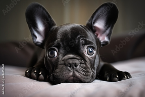 Französische Bulldogge, Frenchie, Portrait Hundewelpe. Flauschiger glücklicher Welpe, Hundeglück © GreenOptix