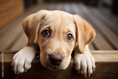 Labrador, Portrait Hundewelpe. Flauschiger glücklicher Welpe, Hundeglück