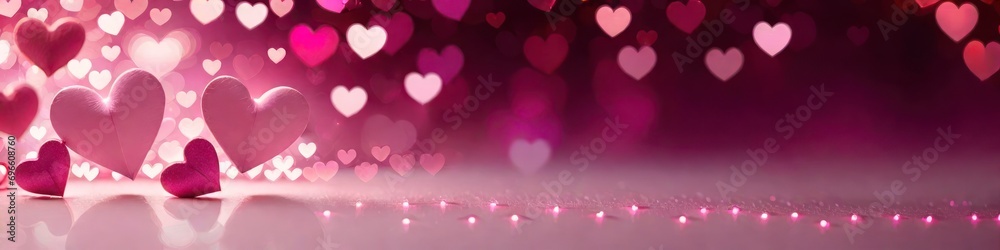 Abstract Valentine's Day banner with hearts on blurred bokeh background, background for design, concept Valentine's or birthday or Mother's Day or Women's Day.