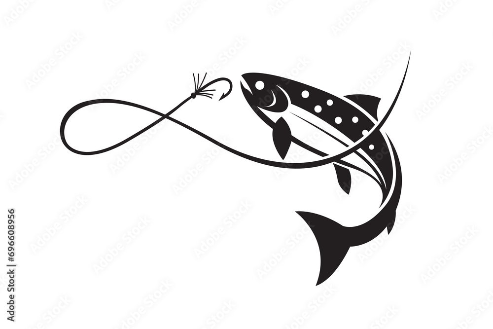 Obraz premium fishing emblem with salmon and hook isolated on white background