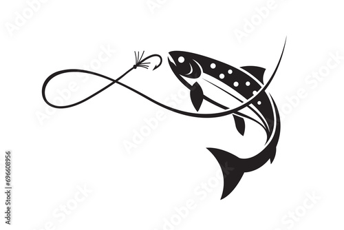 fishing emblem with salmon and hook isolated on white background