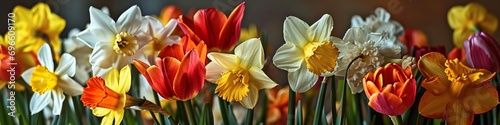 A whimsical arrangement of daffodils and tulips, their varied colors creating a lively and cheerful burst of springtime joy.