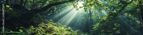 Sunlight filtering through a dense forest canopy, illuminating the untouched beauty of a protected woodland area. © Fahad