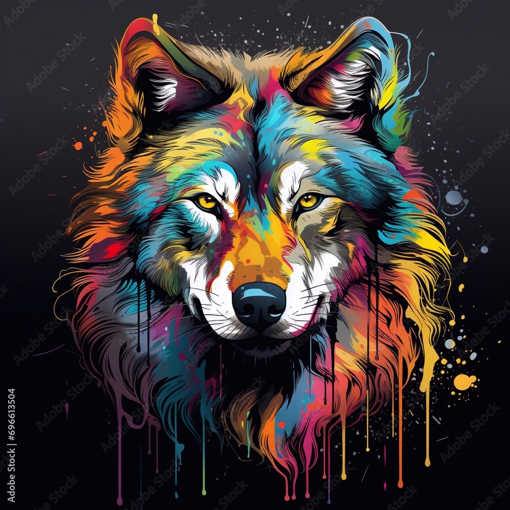 Wolf head with colorful paint splashes on black background. Generative AI Wolf head with colorful paint splashes on black background. Generative AI