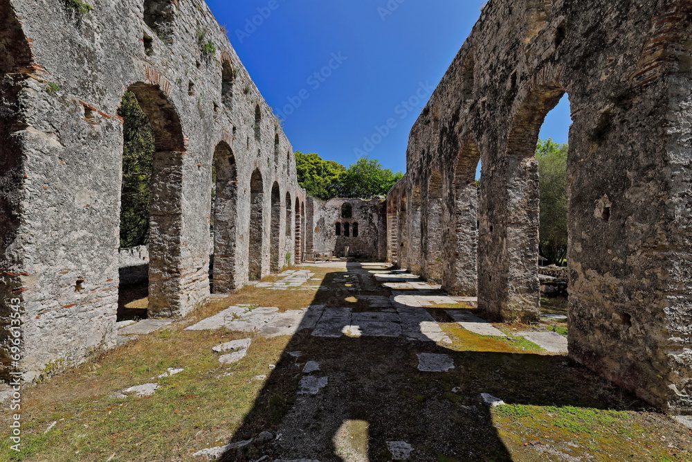 Brickwork round arches, central aisle of the great basilica south and north walls, Butrint archaeological site. Sarande-Albania-157+